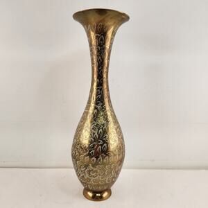 Brass Trumpet Vase Etched Floral 11" India Boho Decor Vintage Metal Flower Vase